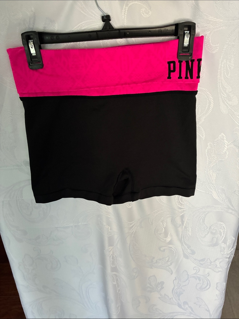 PINK Victoria's Secret Black Fold-Over Shorts with Hot Pink Waistband